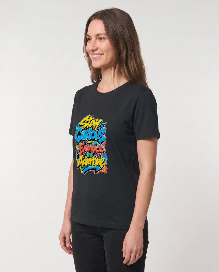 Stay Curious Embrace The Adventure Black T-Shirt mockup 2