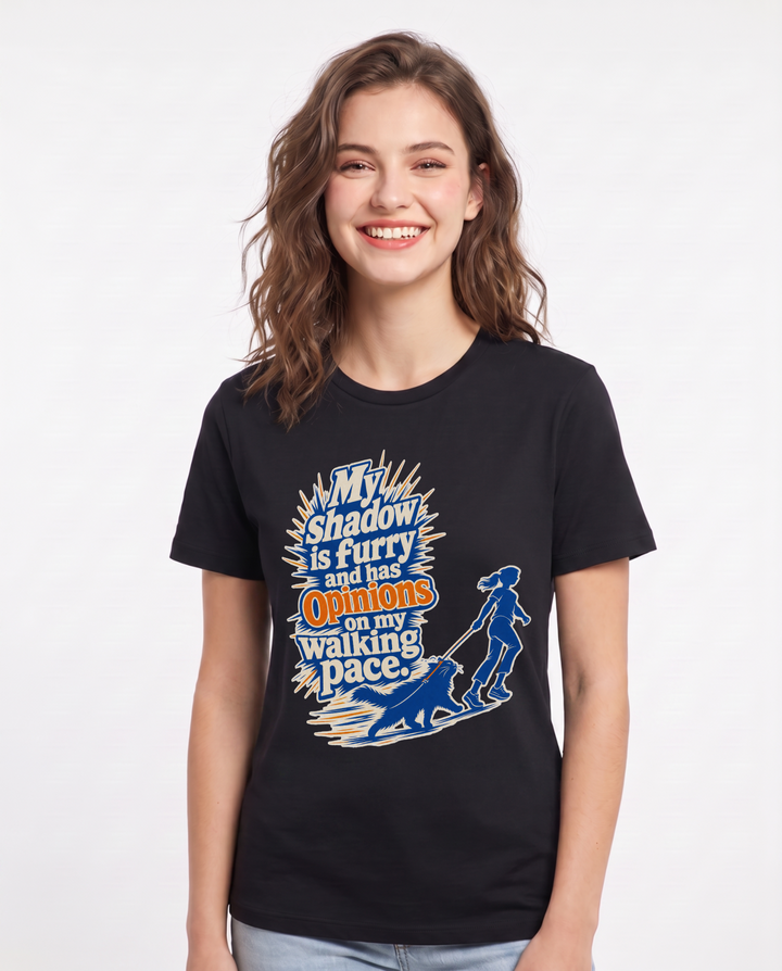 Cat Lover Women's Black T-Shirt – My shadow is furry and has opinions on my walking pace. product image 1