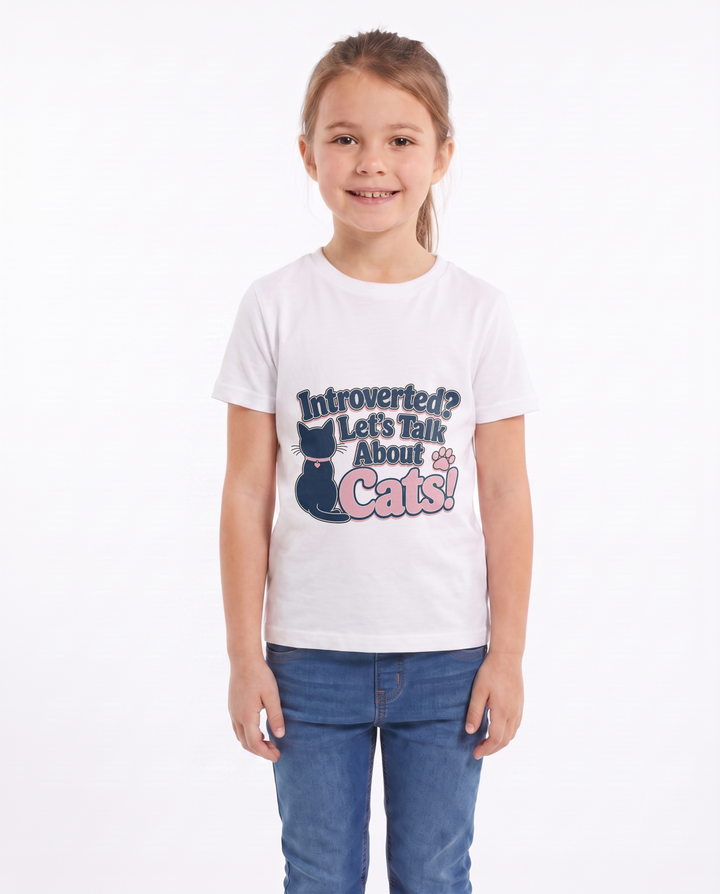 Introverted? Let's Talk About Cats! White T-Shirt mockup 1