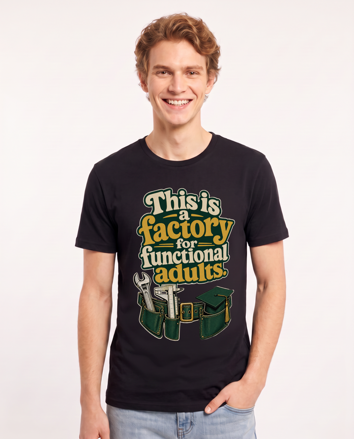 Teacher Men's Black T-Shirt – This is a factory for functional adults. product image 1