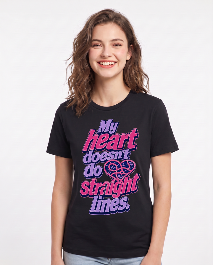 Pride Women's Black T-Shirt – My heart doesn't do straight lines. product image 1