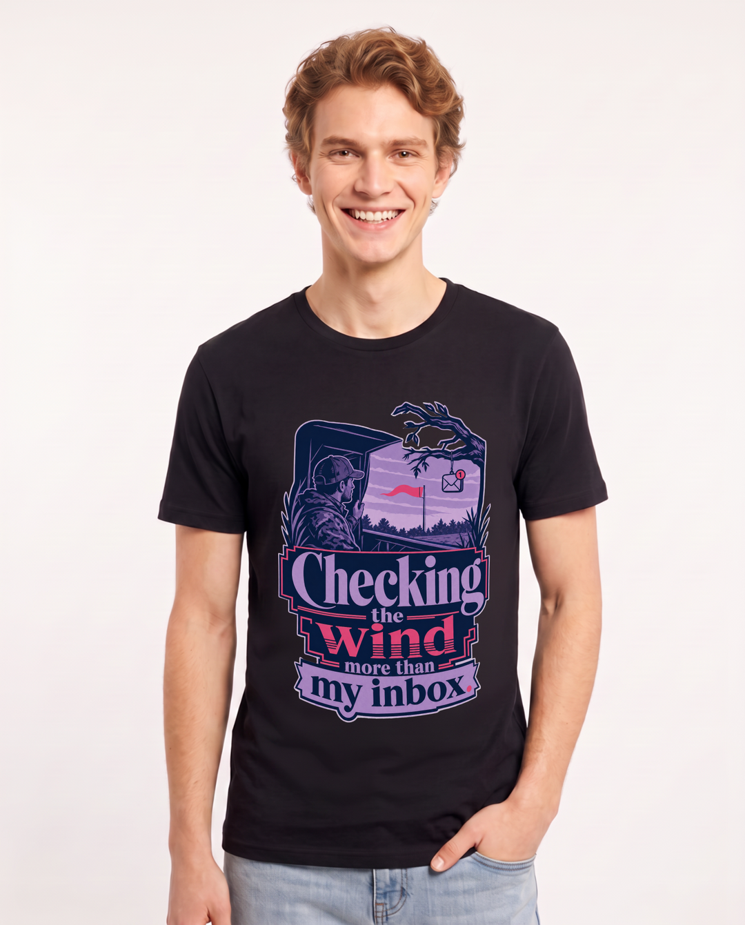 Hunting Men's Black T-Shirt – Checking the wind more than my inbox product image 1