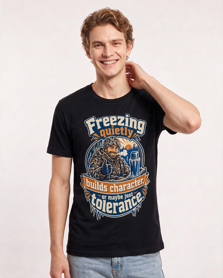 Hunting Men's Black T-Shirt – Freezing quietly builds character, or maybe just tolerance. product image 3