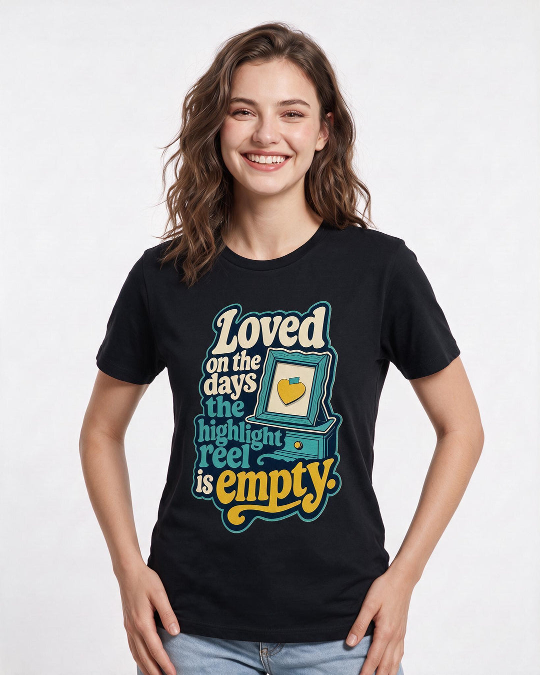 Christian Faith Women's Black T-Shirt – "Loved on the days the highlight reel is empty." product image 3