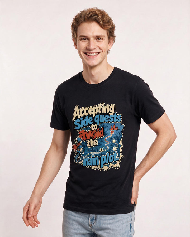 Gaming Men's Black T-Shirt – Accepting side quests to avoid the main plot. product image 3