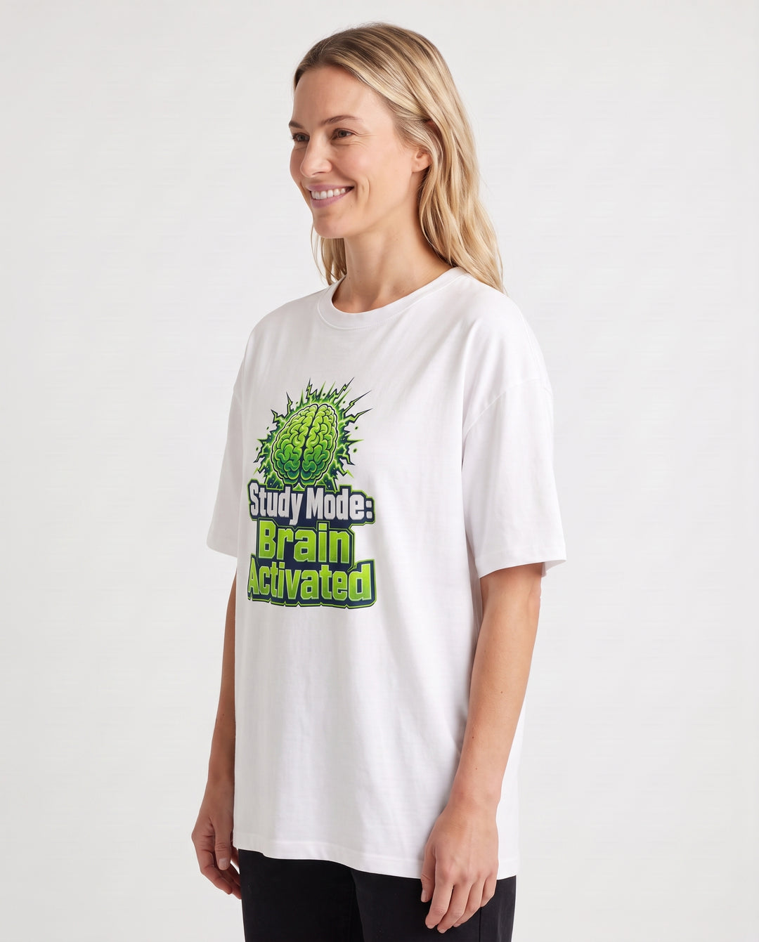 Study Mode: Brain Activated White T-Shirt mockup 2