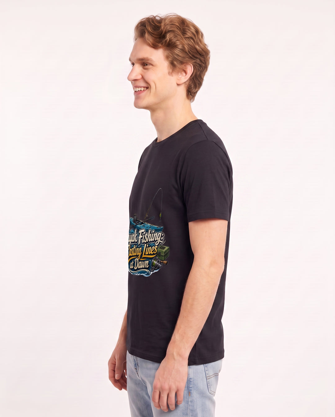 Kayak Fishing: Casting Lines at Dawn Men's Black T-Shirt product image 3