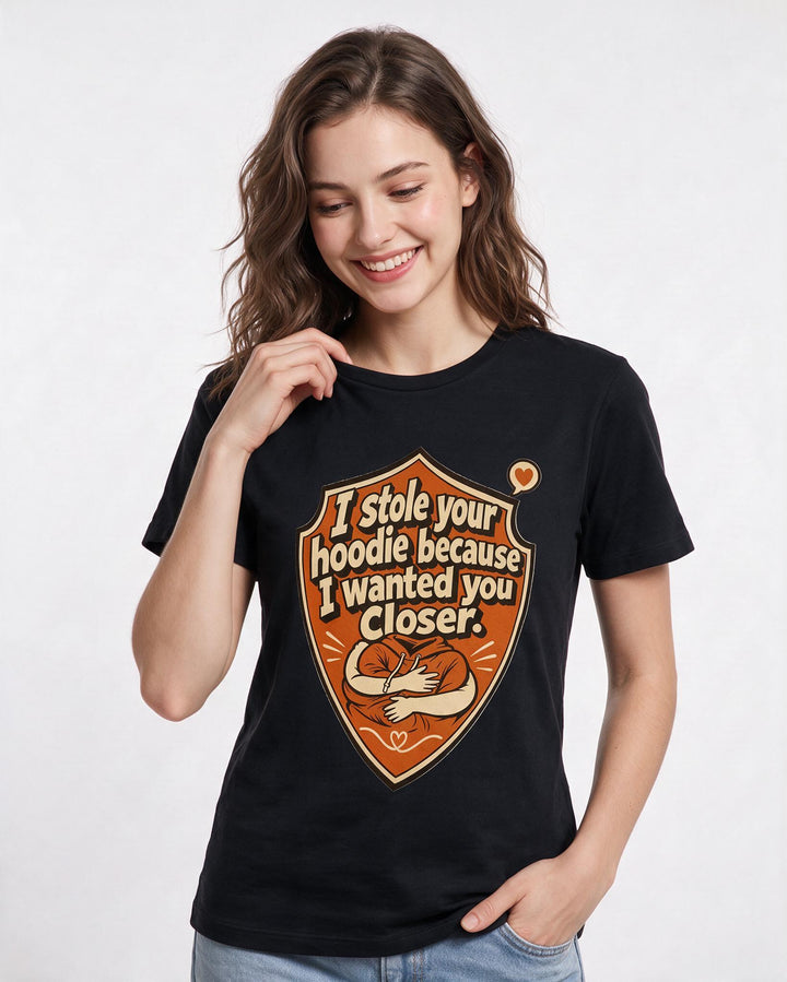 Couples Women's Black T-Shirt - I stole your hoodie because I wanted product image 3
