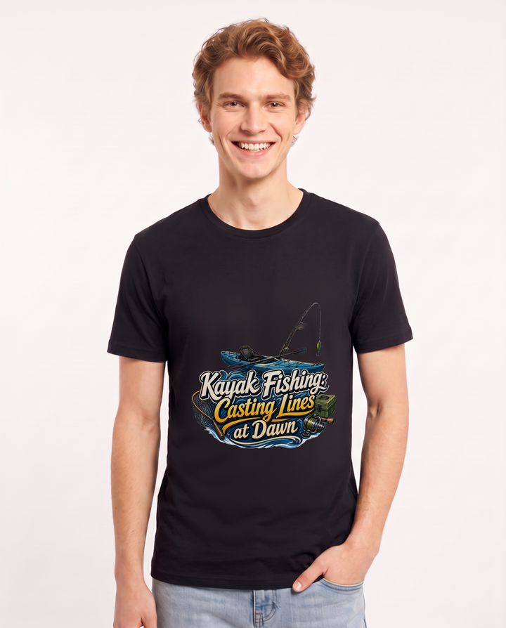 Kayak Fishing: Casting Lines at Dawn Men's Black T-Shirt product image 2