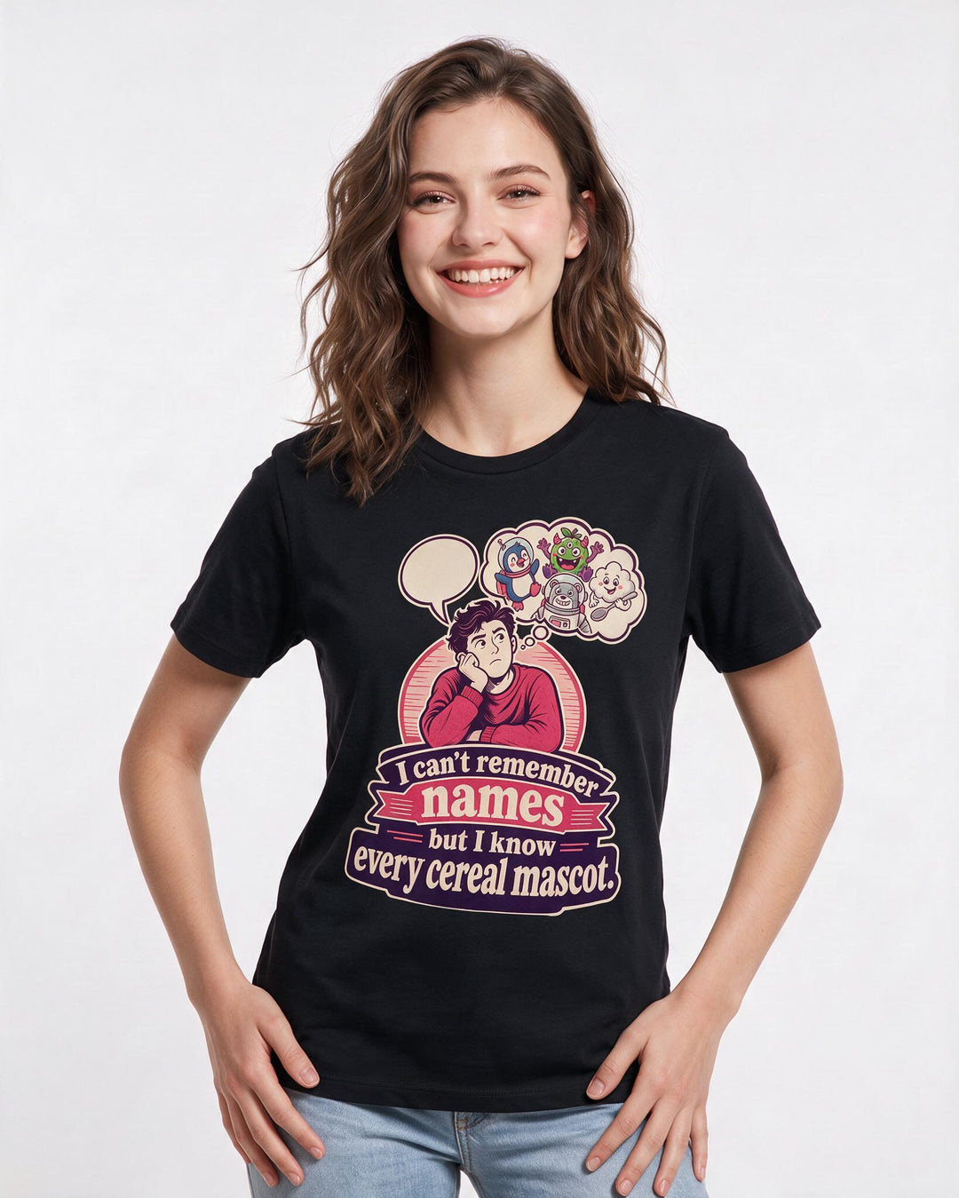 Funny Meme Women's Black T-Shirt – I can't remember names but I know every cereal mascot. product image 3