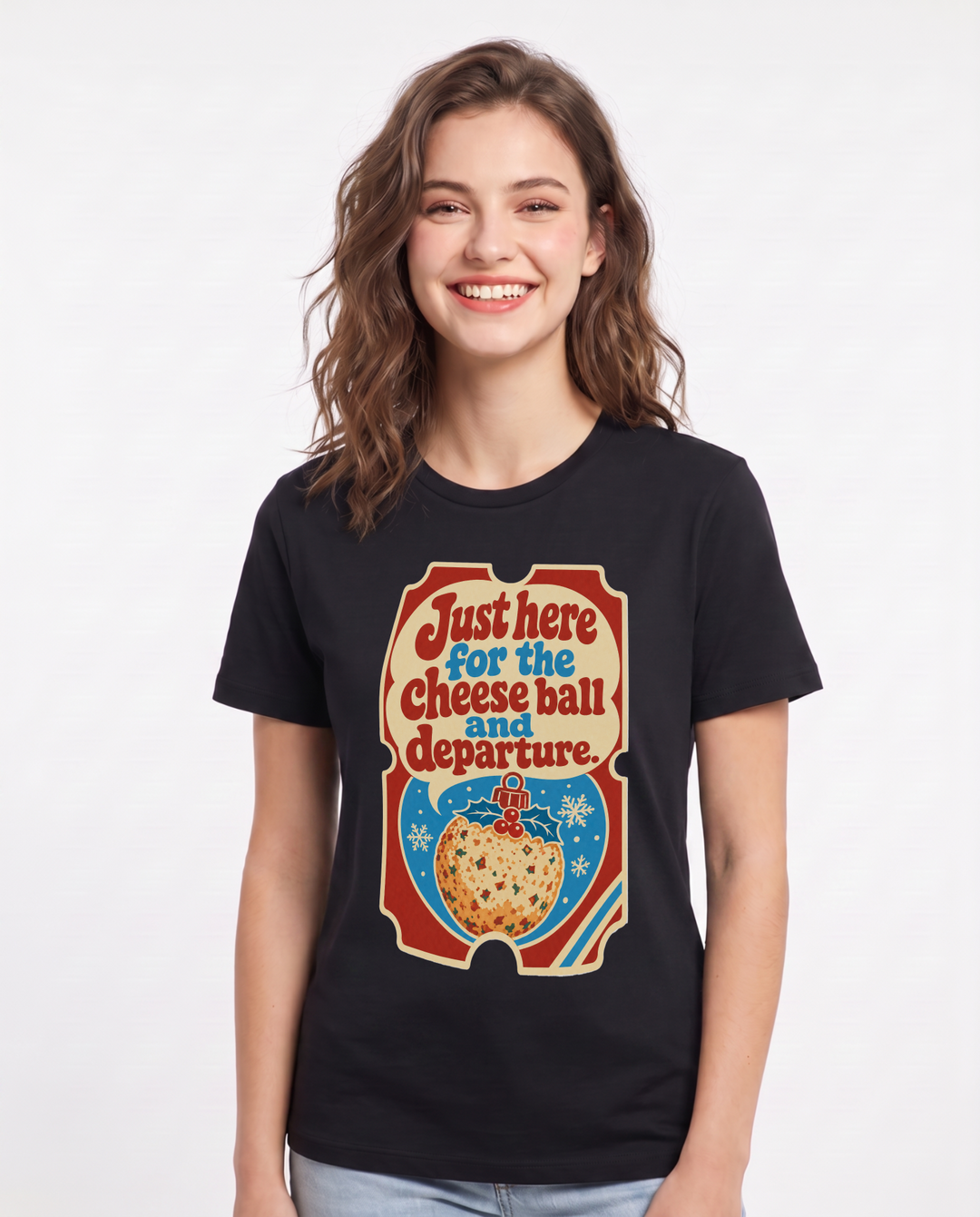 Christmas Women's Black T-Shirt - Just here for the cheese ball and product image 1