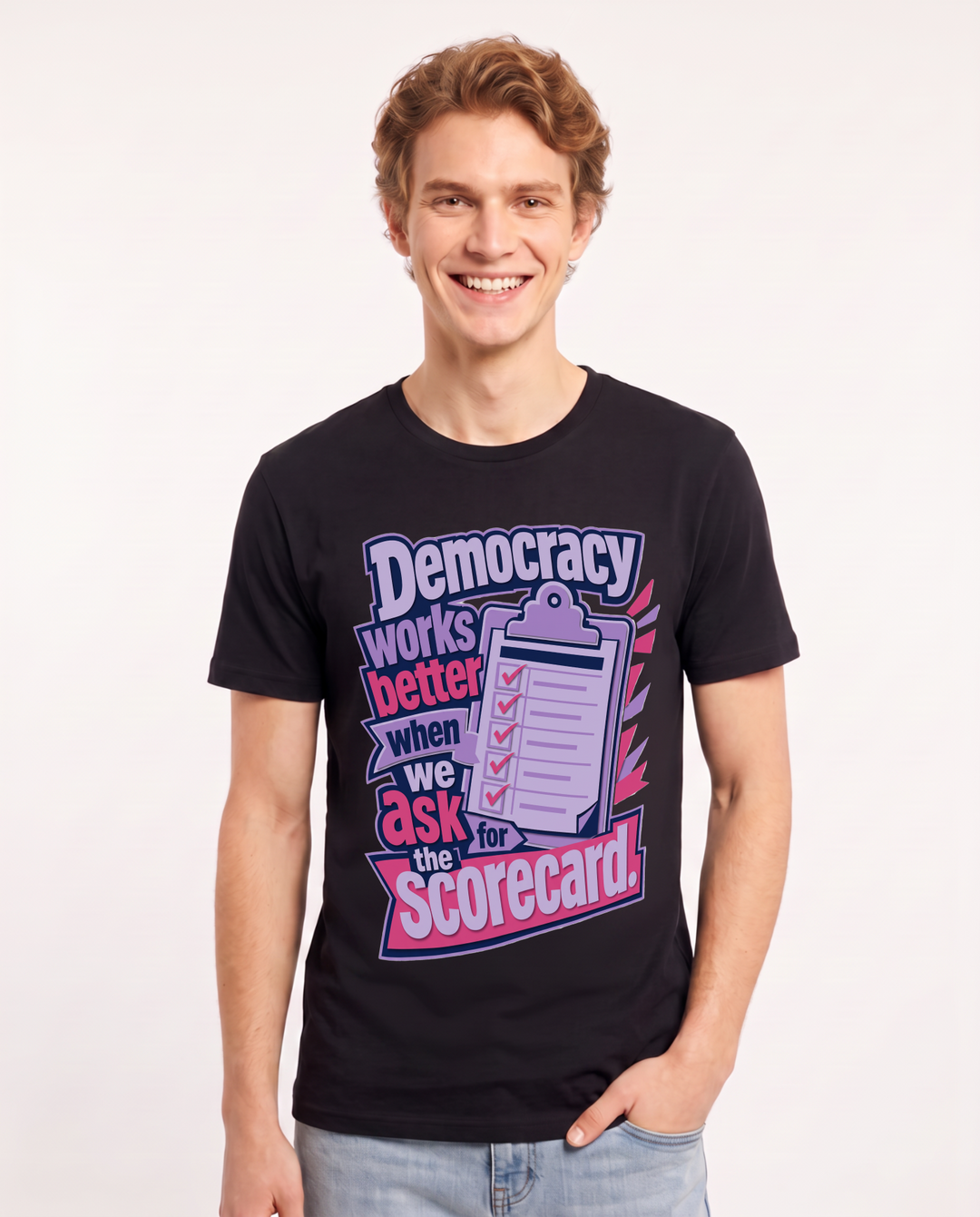 Political Statement Men's Black T-Shirt – Democracy works better when we ask for the scorecard. product image 1