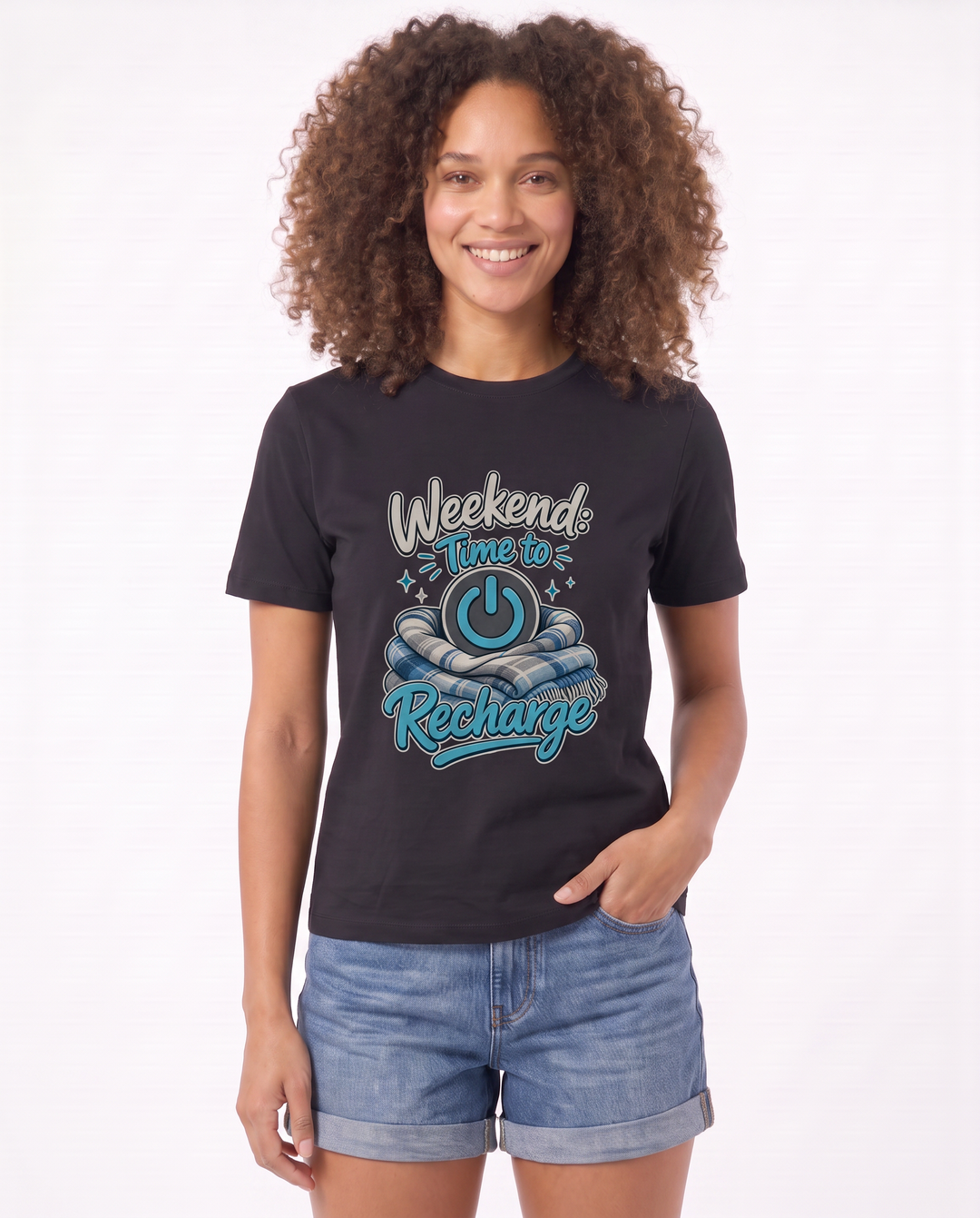 Weekend: Time To Recharge Black T-Shirt mockup 3