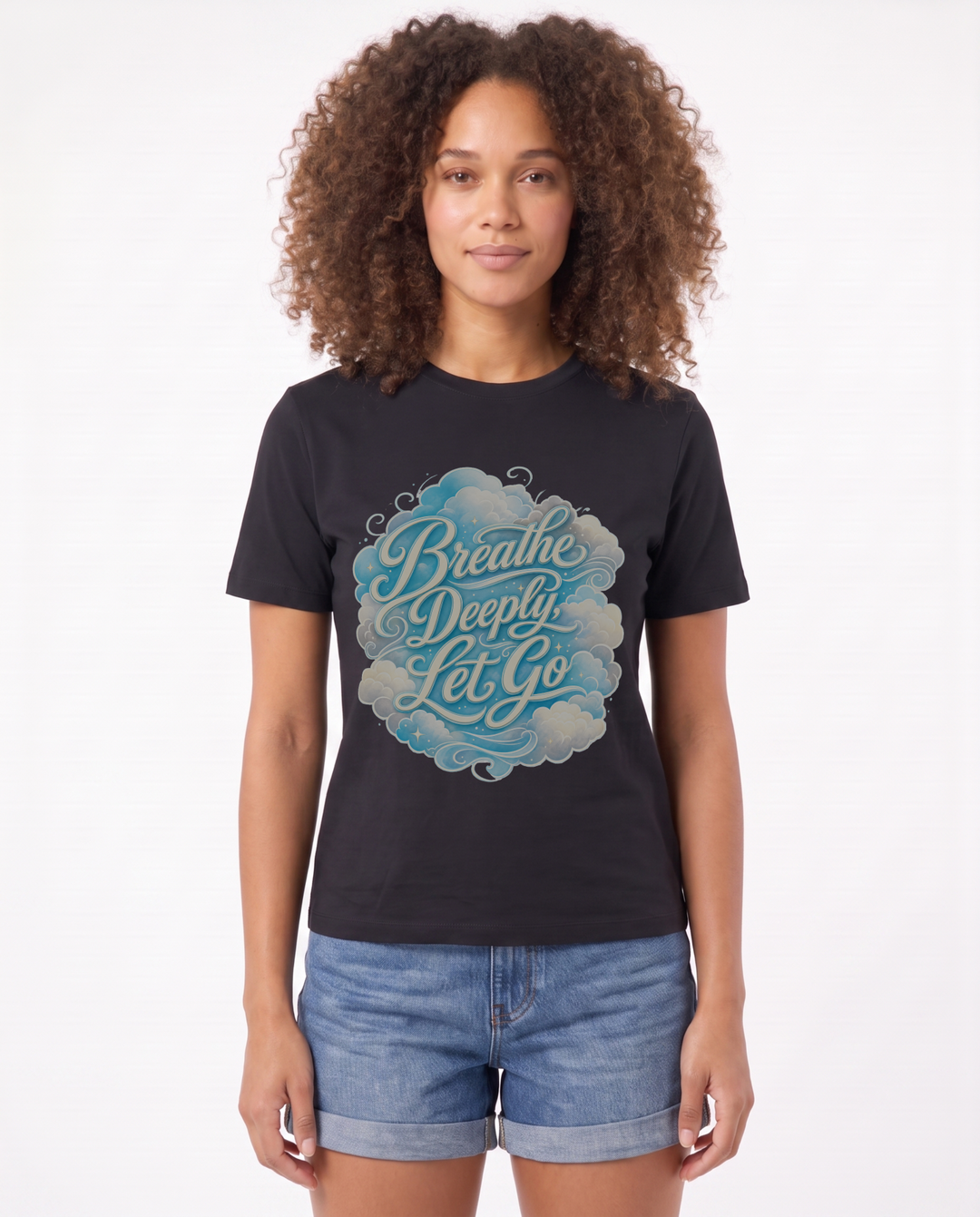 Breathe Deeply, Let Go Black T-Shirt mockup 1