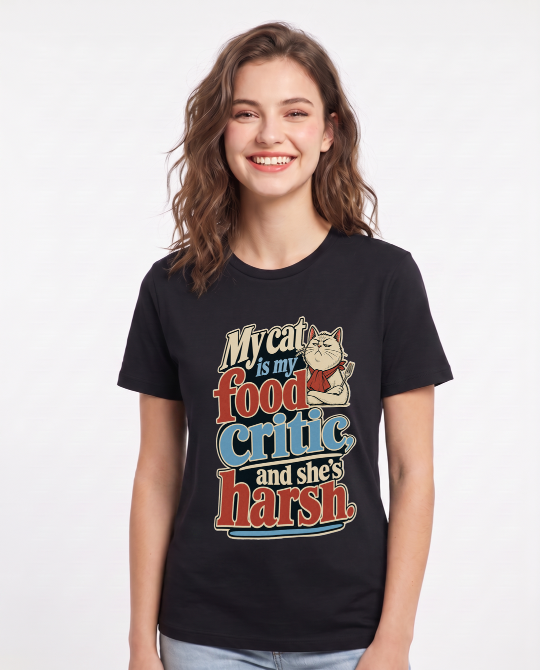 Cat Lover Women's Black T-Shirt – My cat is my food critic, and she's harsh. product image 1
