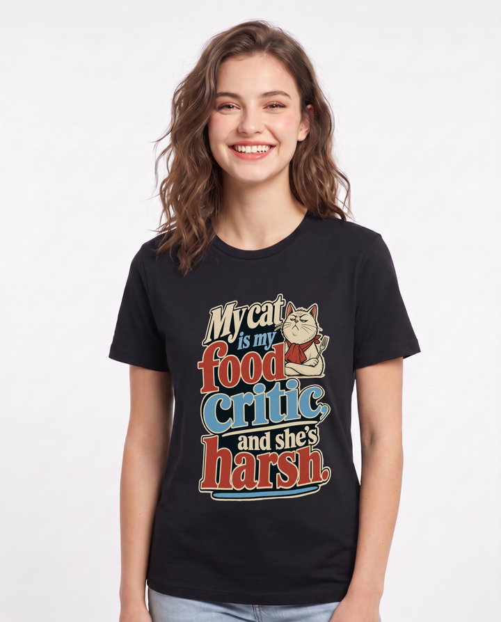 Cat Lover Women's Black T-Shirt – My cat is my food critic, and she's harsh. product image 1