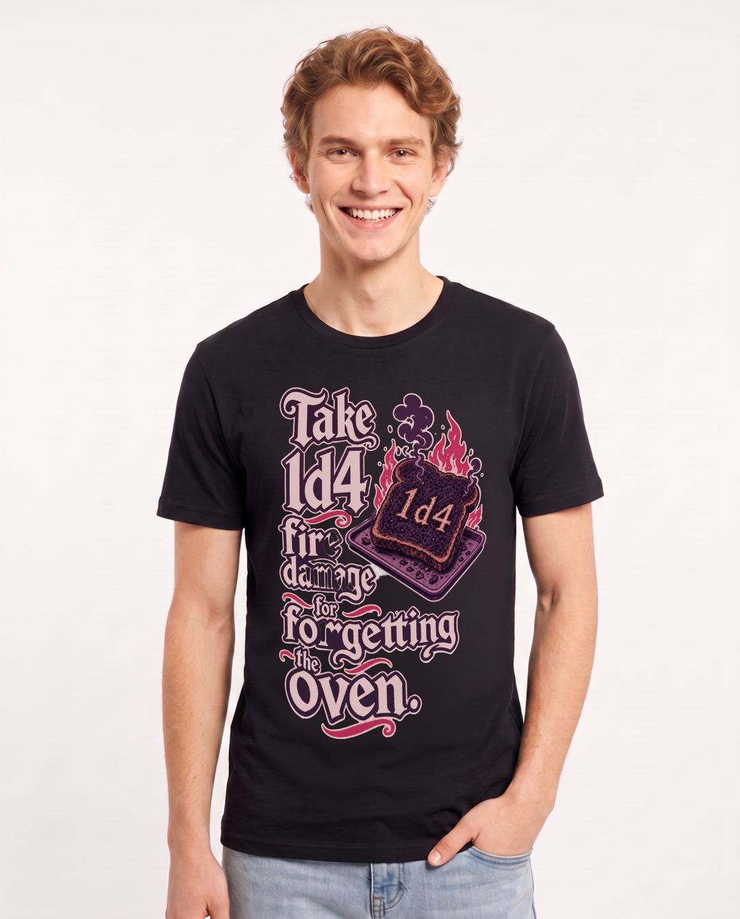Funny Gaming Men's Black T-Shirt – Take 1d4 fire damage for forgetting the oven. product image 1