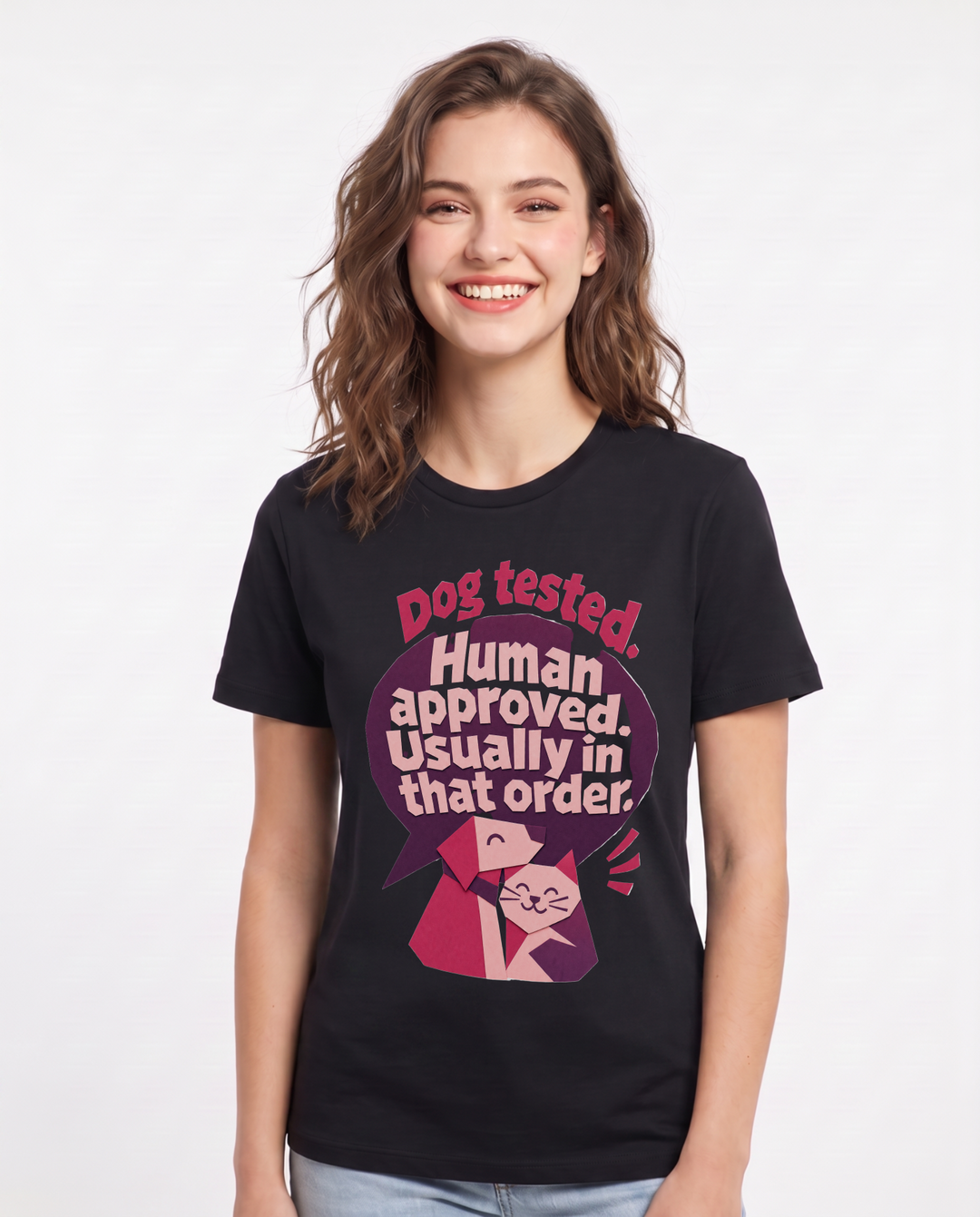 Graphic Women's Black T-Shirt - Dog tested. Human approved. Usually in product image 1