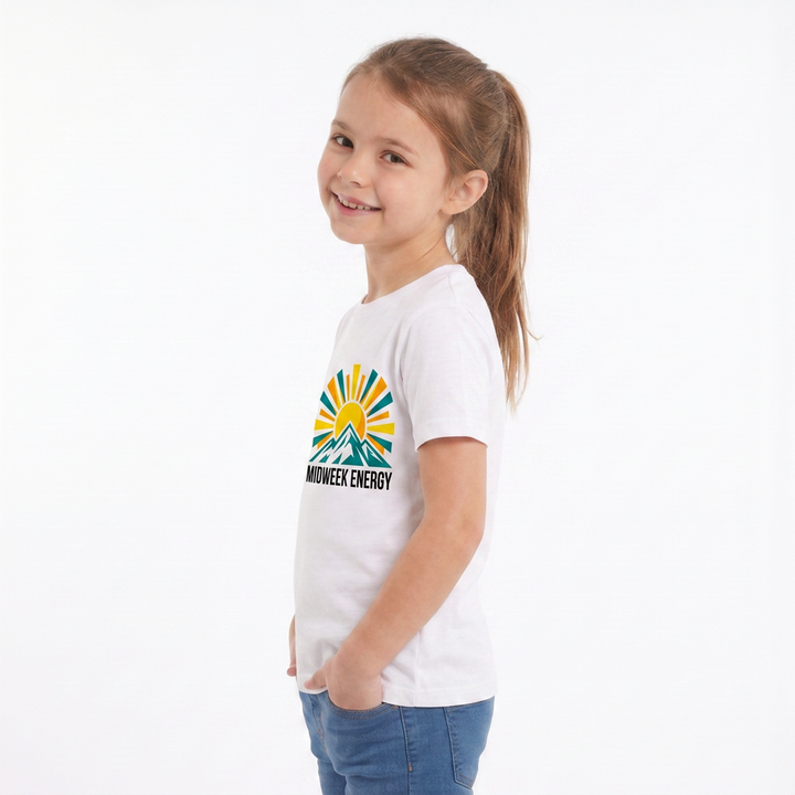Bold Rising Sun Over Stylized Mountain White T-Shirt mockup 1