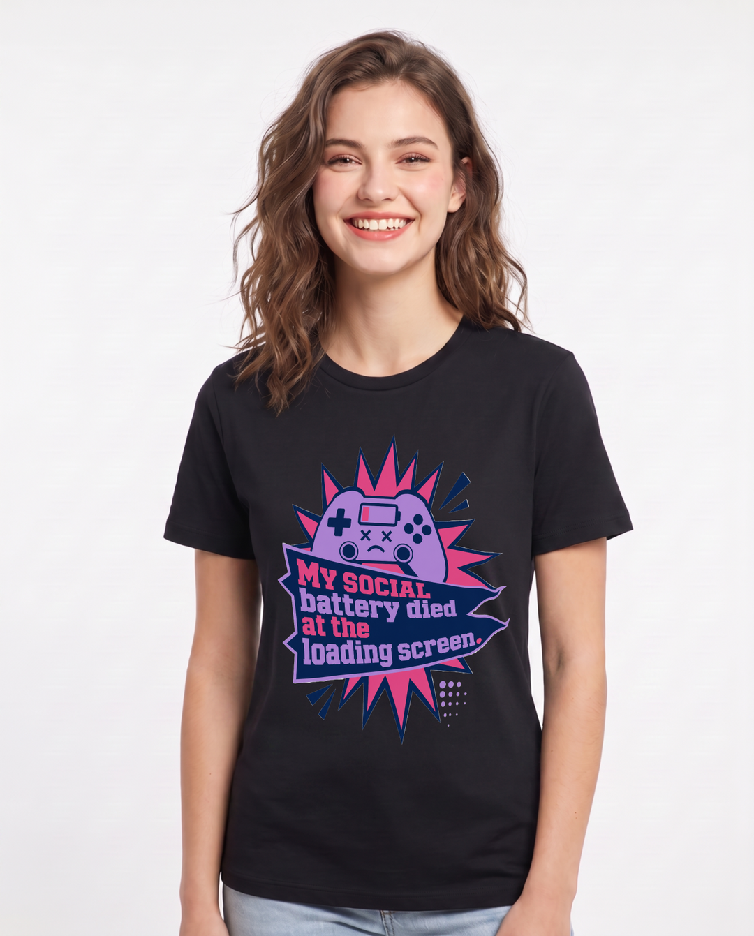 Gaming Women's Black T-Shirt - My social battery died at the loading product image 1