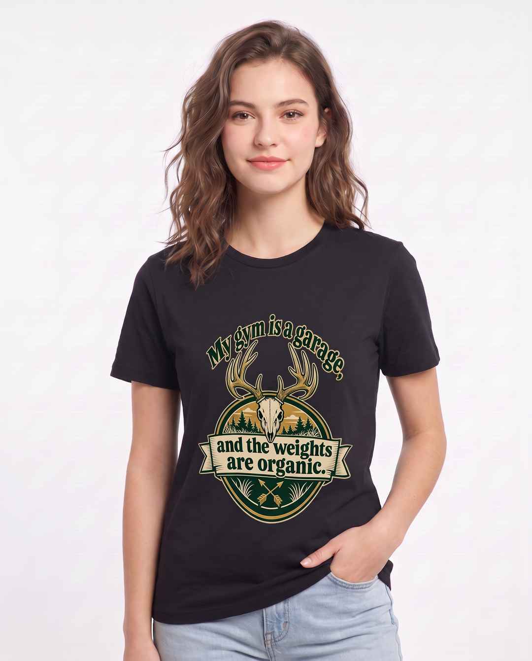 Hunting Women's Black T-Shirt - My gym is a garage, and the weights product image 3