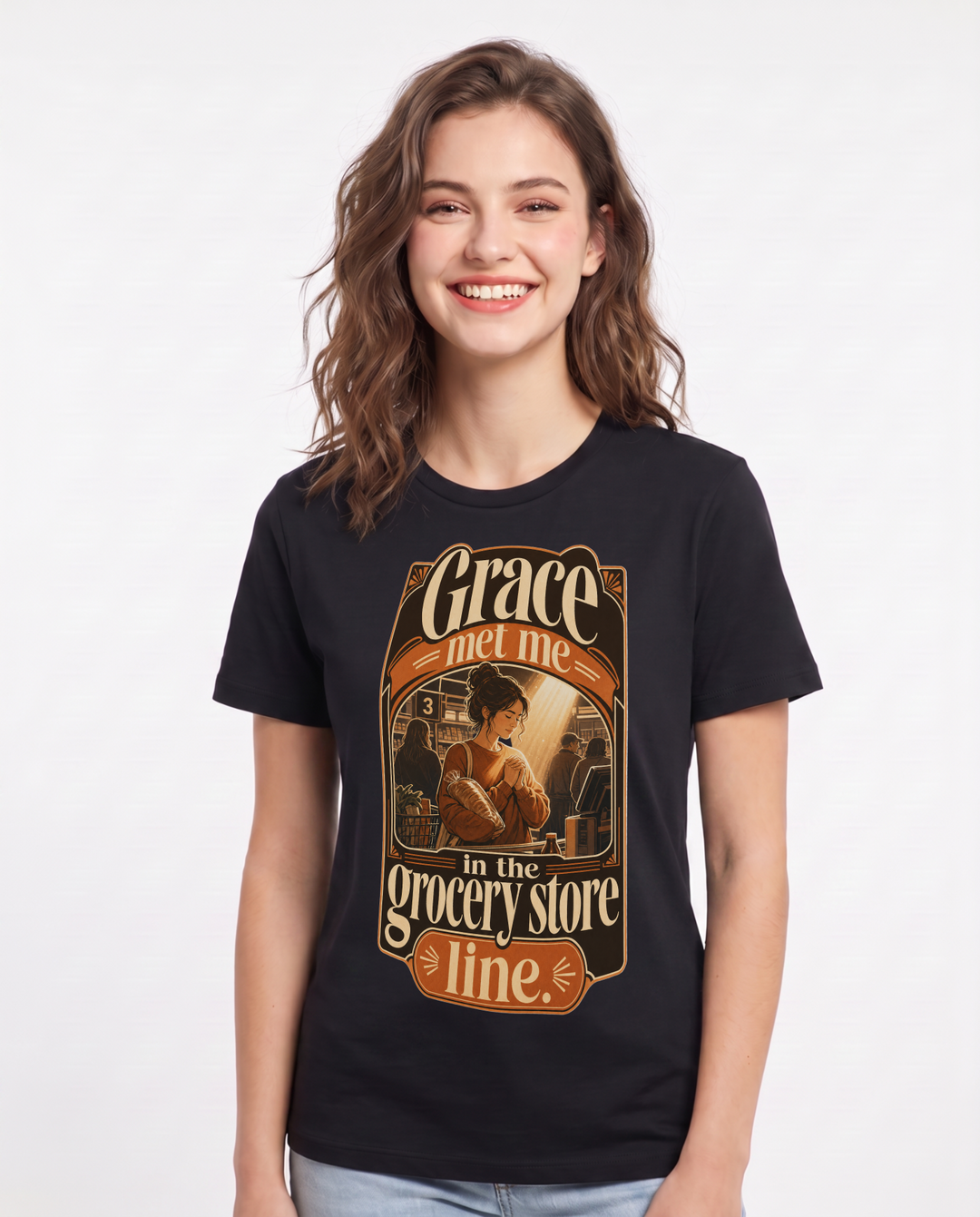 Christian Faith Women's Black T-Shirt – Grace met me in the grocery store line. product image 1