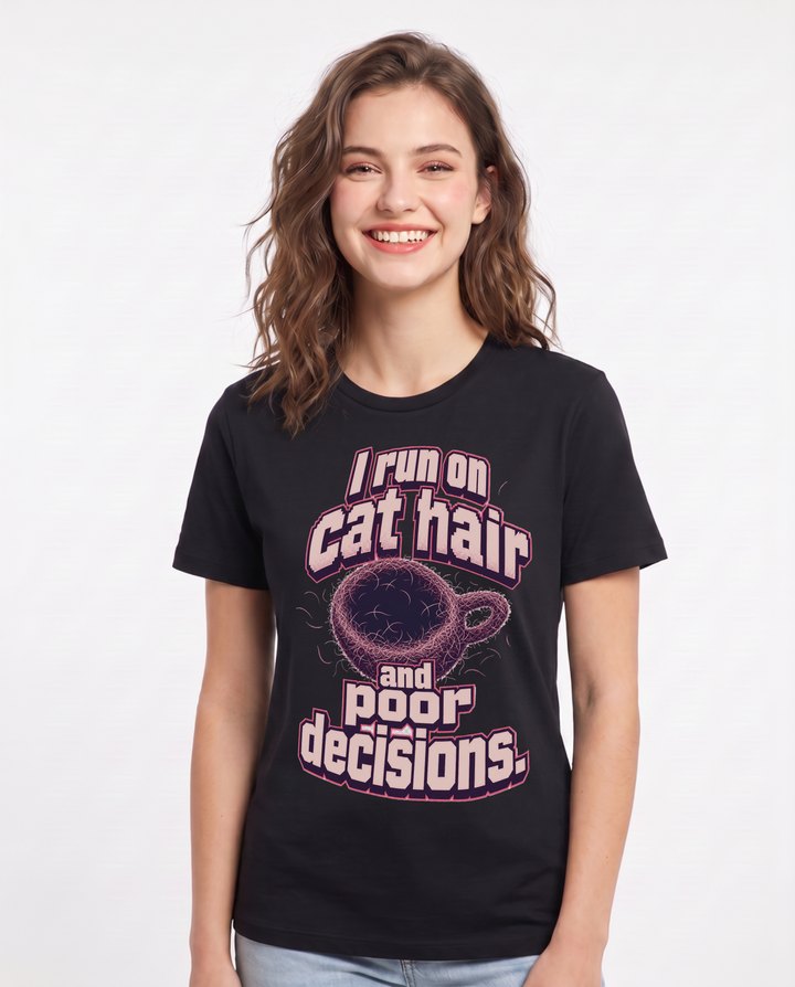 Funny Cat Lover Women's Black T-Shirt – I run on cat hair and poor decisions. product image 1