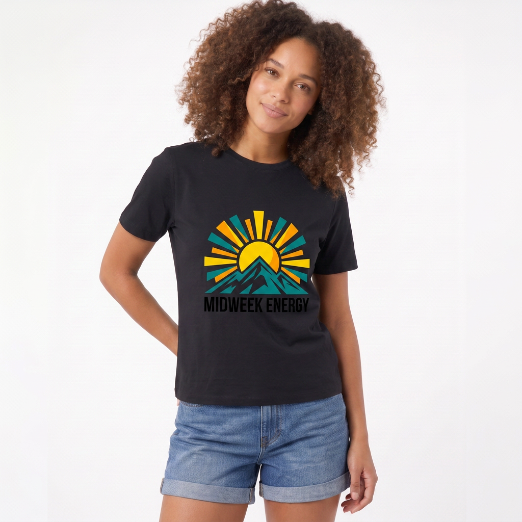 Bold Rising Sun Over Stylized Mountain Black T-Shirt mockup 2