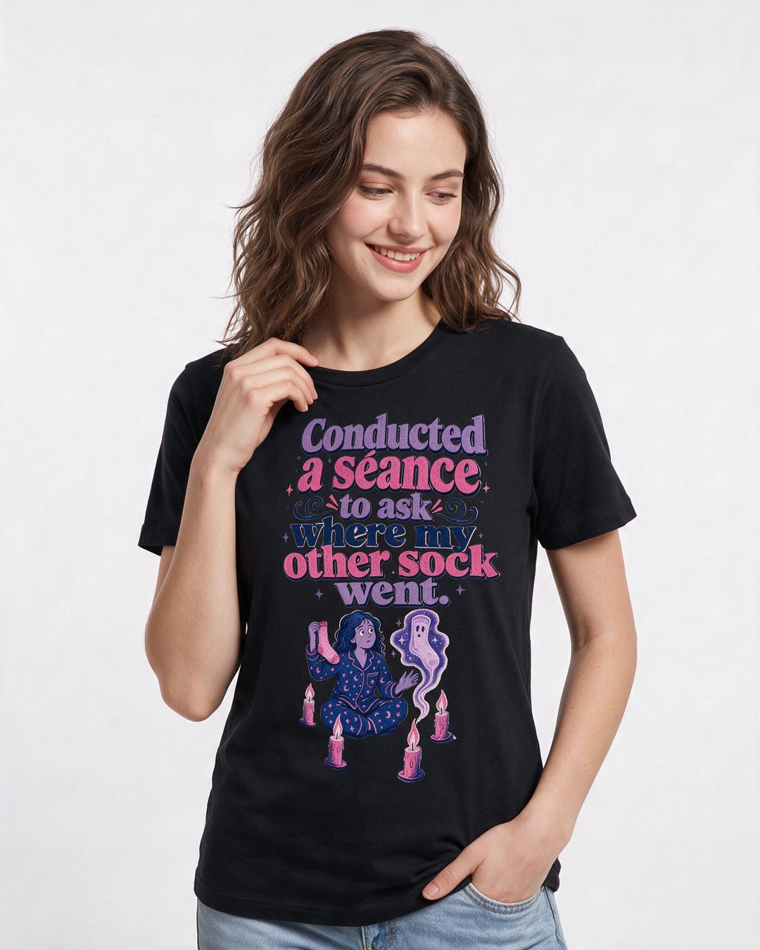 Funny Halloween Women's Black T-Shirt – Conducted a séance to ask where my other sock went. product image 3