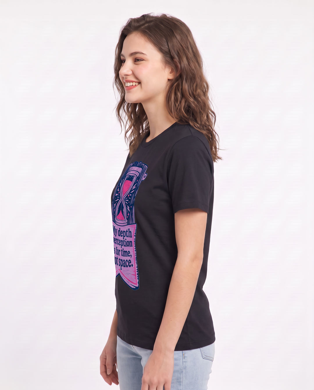 Graphic Women's Black T-Shirt - My depth perception is for time, not product image 2