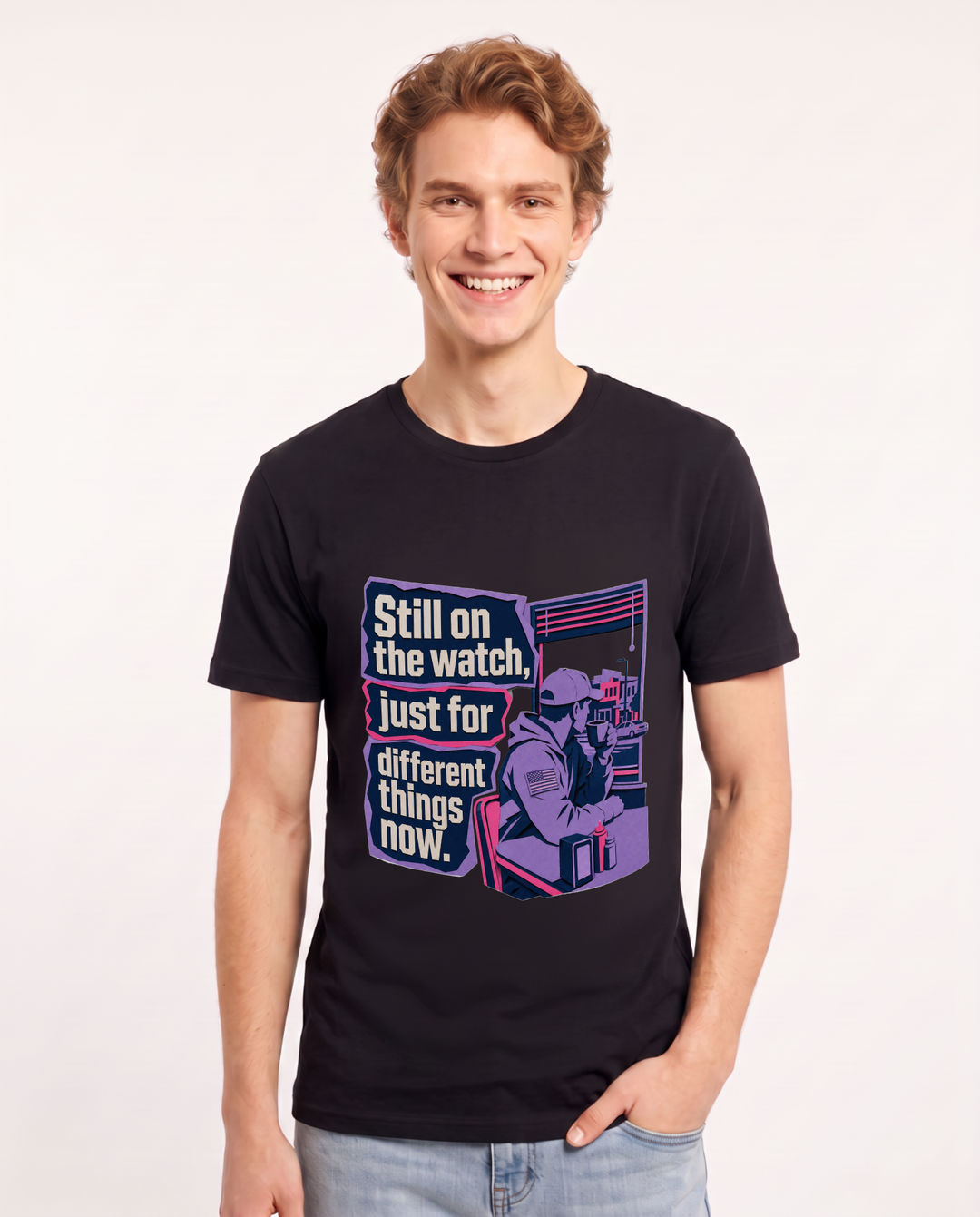 Veteran Men's Black T-Shirt – Still on the watch, just for different things now. product image 1