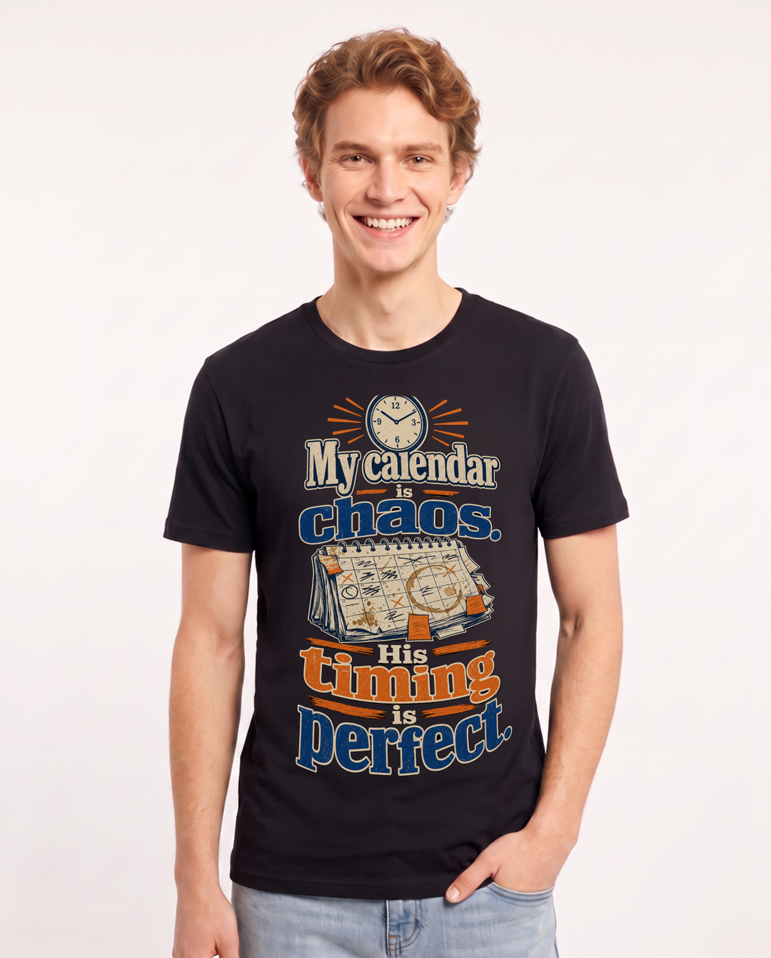 Christian Faith Men's Black T-Shirt – My calendar is chaos. His timing is perfect. product image 1
