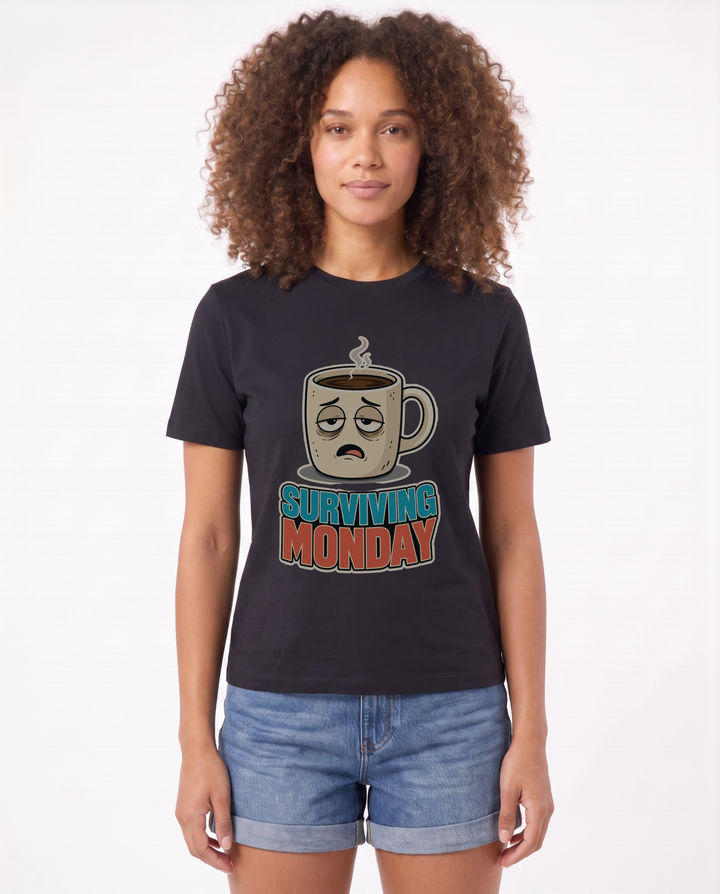 Surviving Monday Black T-Shirt mockup 1