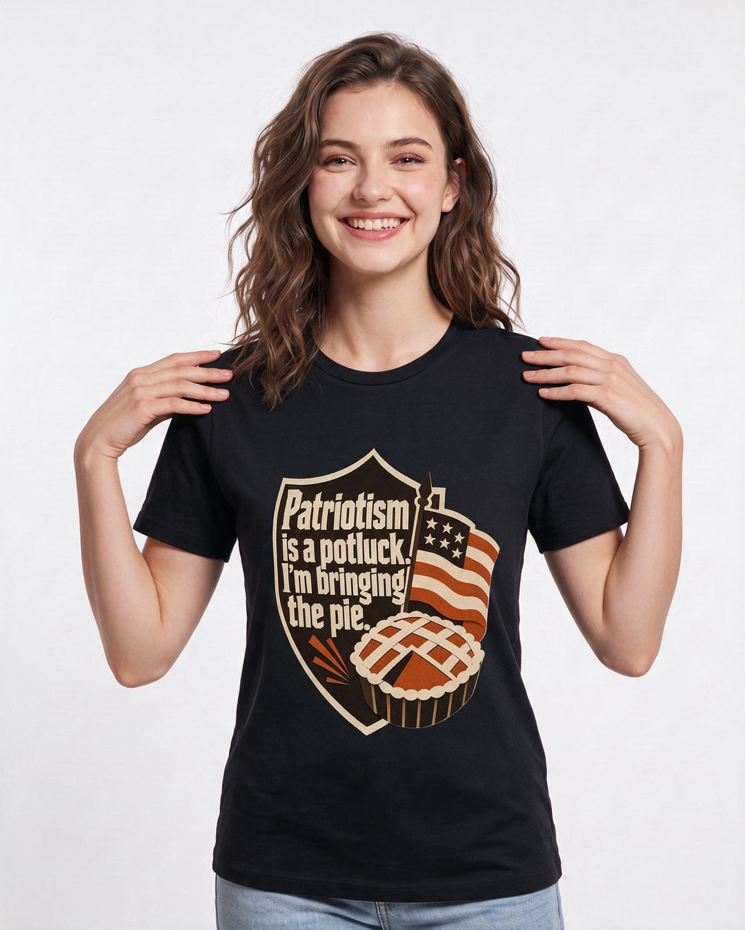 Graphic Women's Black T-Shirt - Patriotism is a potluck. I'm bringing product image 3