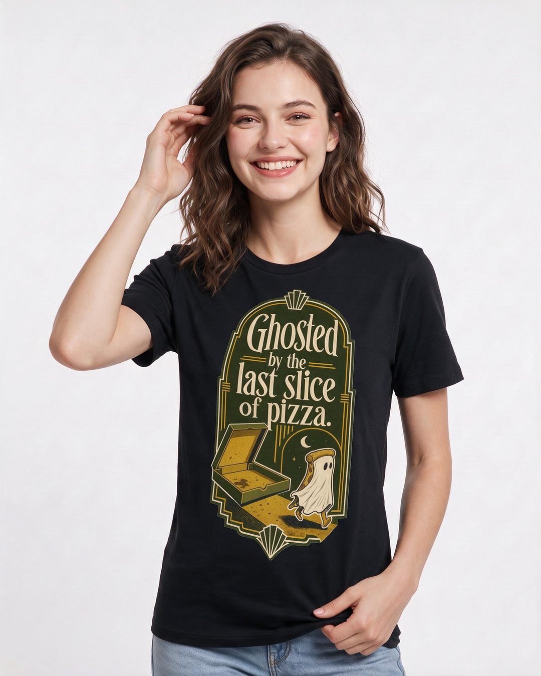 Funny Halloween Women's Black T-Shirt – Ghosted by the last slice of pizza. product image 3