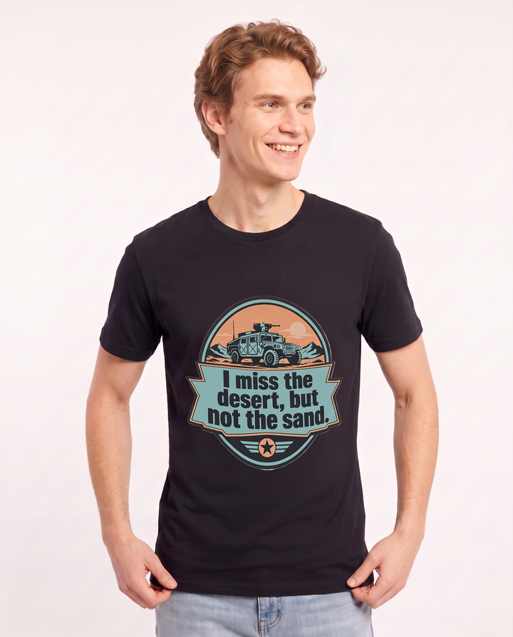 Graphic Men's Black T-Shirt - I miss the desert, but not the sand. product image 3