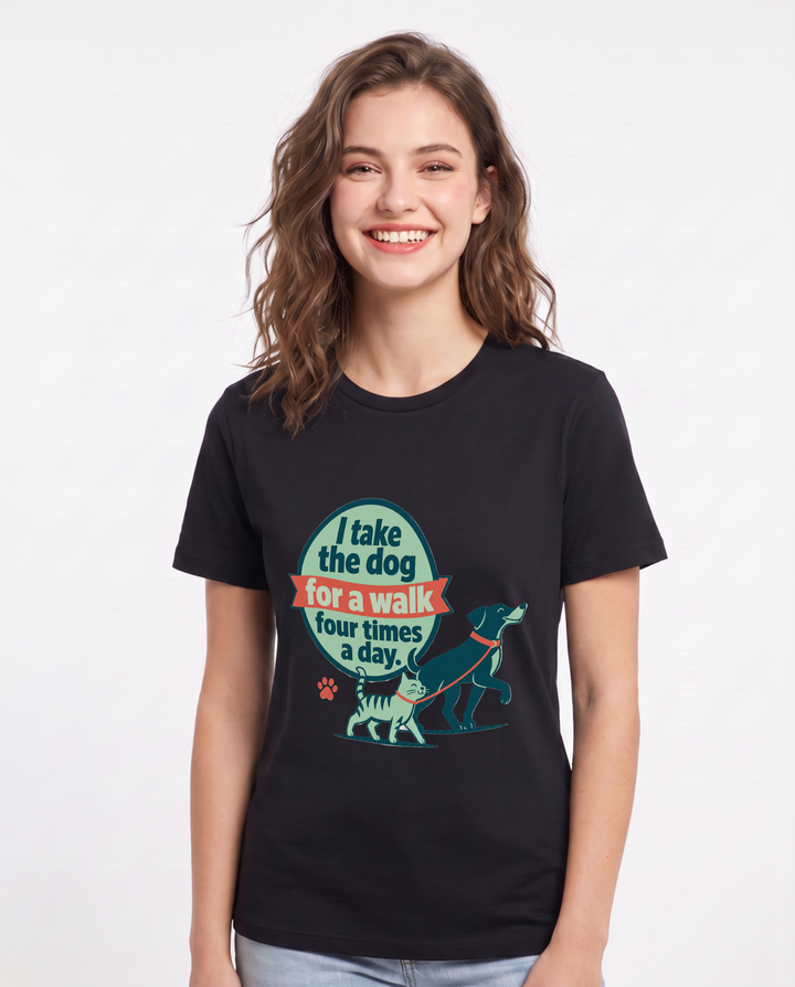 Graphic Women's Black T-Shirt - I take the dog for a walk four times a product image 1
