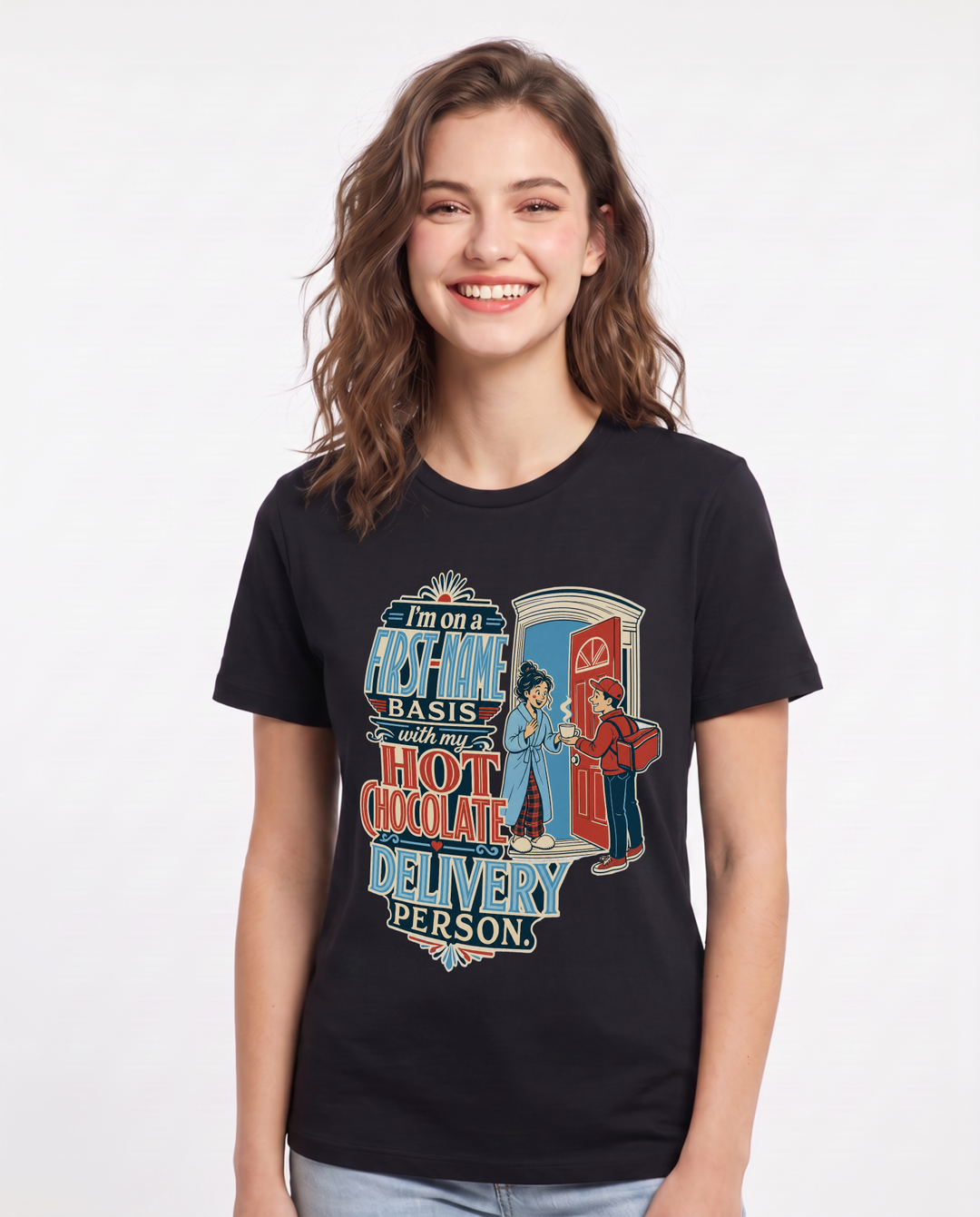 Christmas Women's Black T-Shirt – I'm on a first-name basis with my hot chocolate delivery person. product image 1