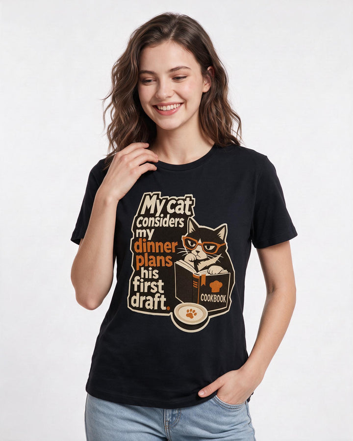 Funny Cat Lover Women's Black T-Shirt – My cat considers my dinner plans his first draft. product image 3