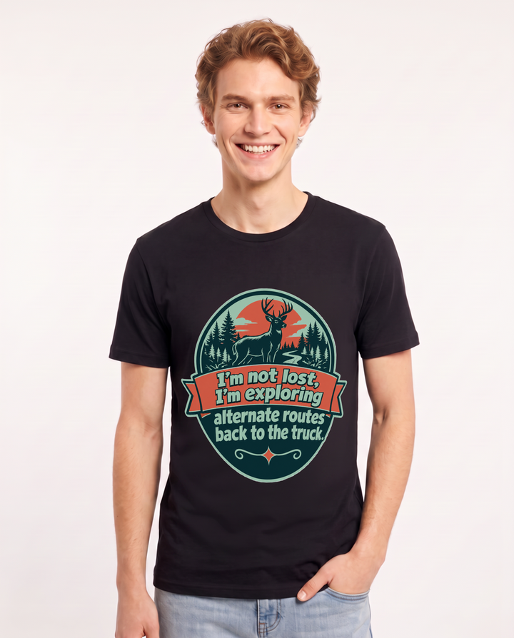 Hunting Men's Black T-Shirt - I'm not lost, I'm exploring alternate product image 1