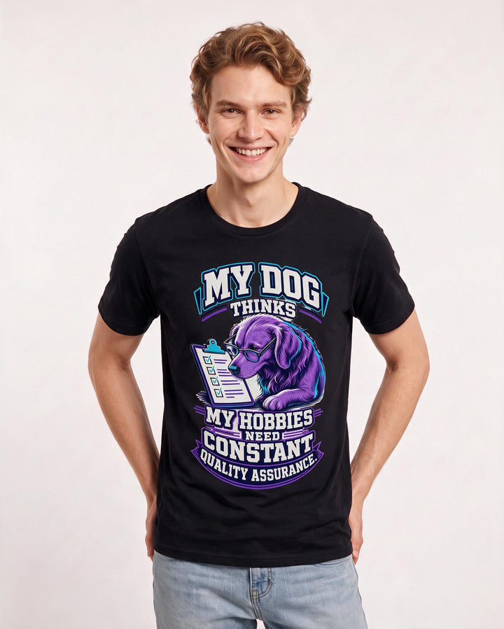 Funny Cat Lover Men's Black T-Shirt – My dog thinks my hobbies need constant quality assurance. product image 3