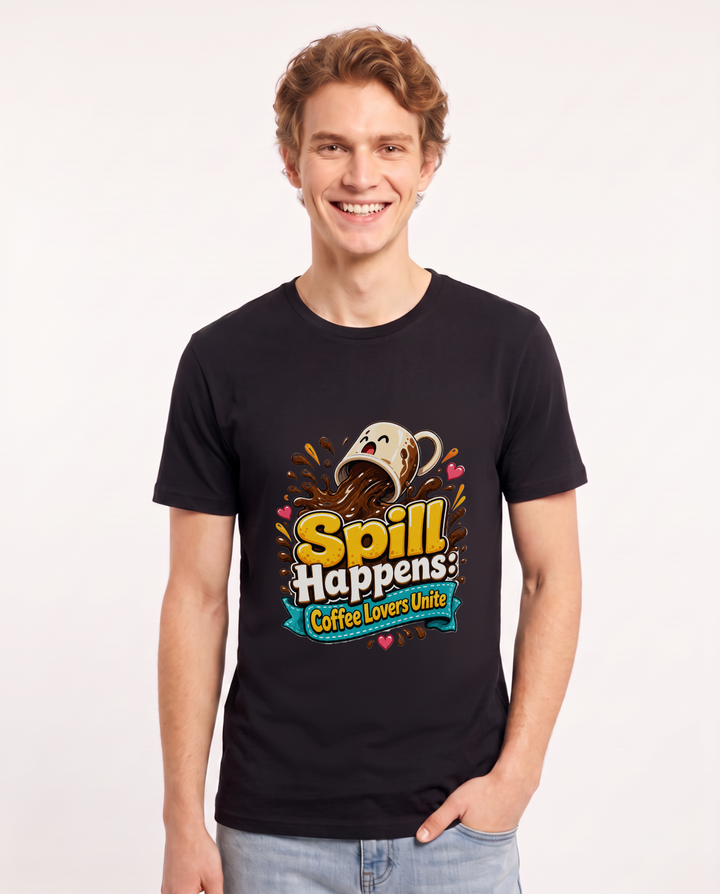 Spill Happens: Coffee Lovers Unite Men's Black T-Shirt product image 2