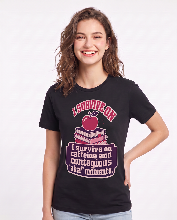 Teacher Gift Women's Black T-Shirt - I survive on caffeine and product image 3