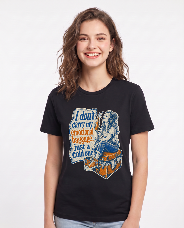 Funny Beer Women's Black T-Shirt – I don't carry my emotional baggage, just a cold one. product image 1