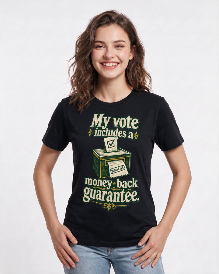 Political Statement Women's Black T-Shirt – My vote includes a money-back guarantee. product image 3