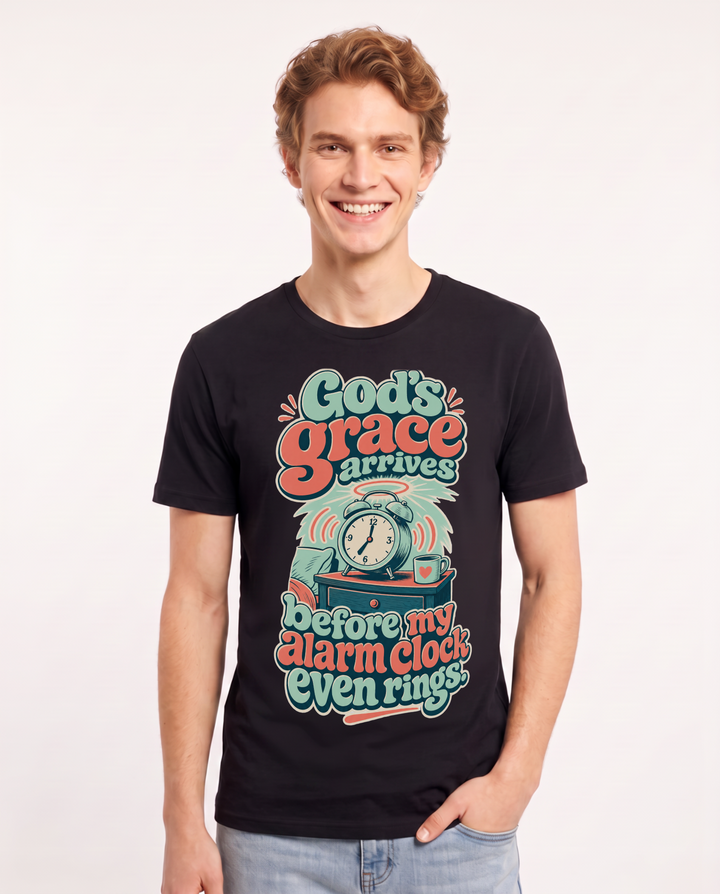 Christian Faith Men's Black T-Shirt – God's grace arrives before my alarm clock even rings. product image 1