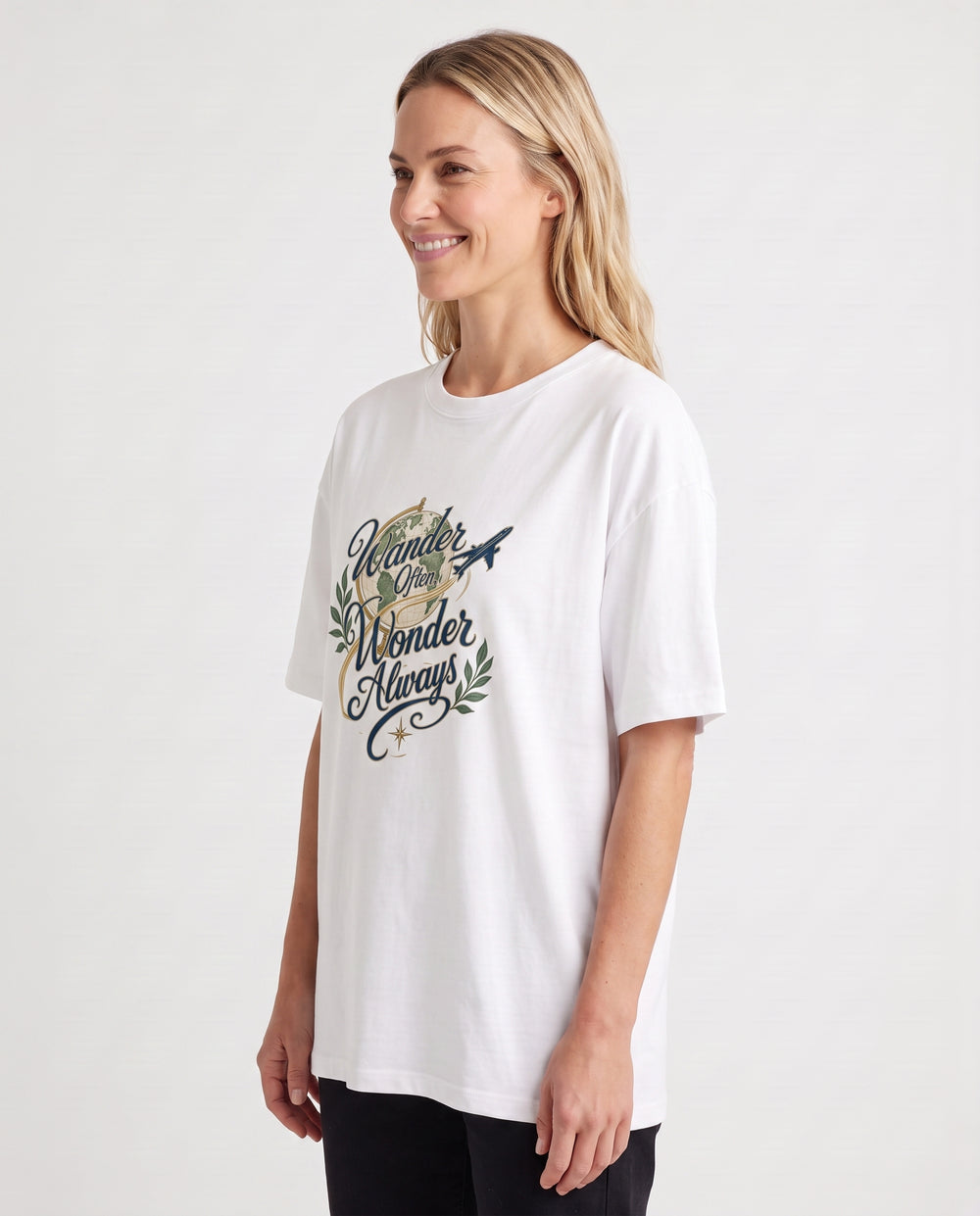 Wander Often, Wonder Always White T-Shirt mockup 2