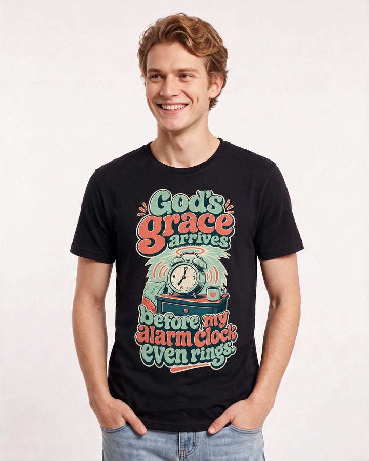 Christian Faith Men's Black T-Shirt – God's grace arrives before my alarm clock even rings. product image 3