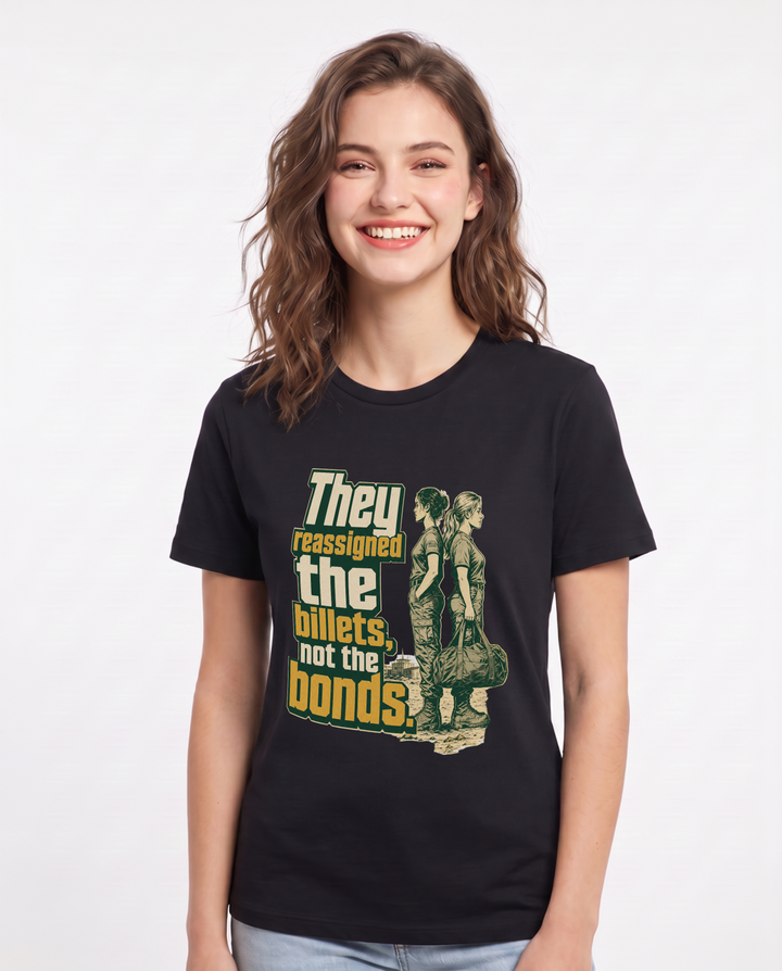Veteran Women's Black T-Shirt – They reassigned the billets, not the product image 1