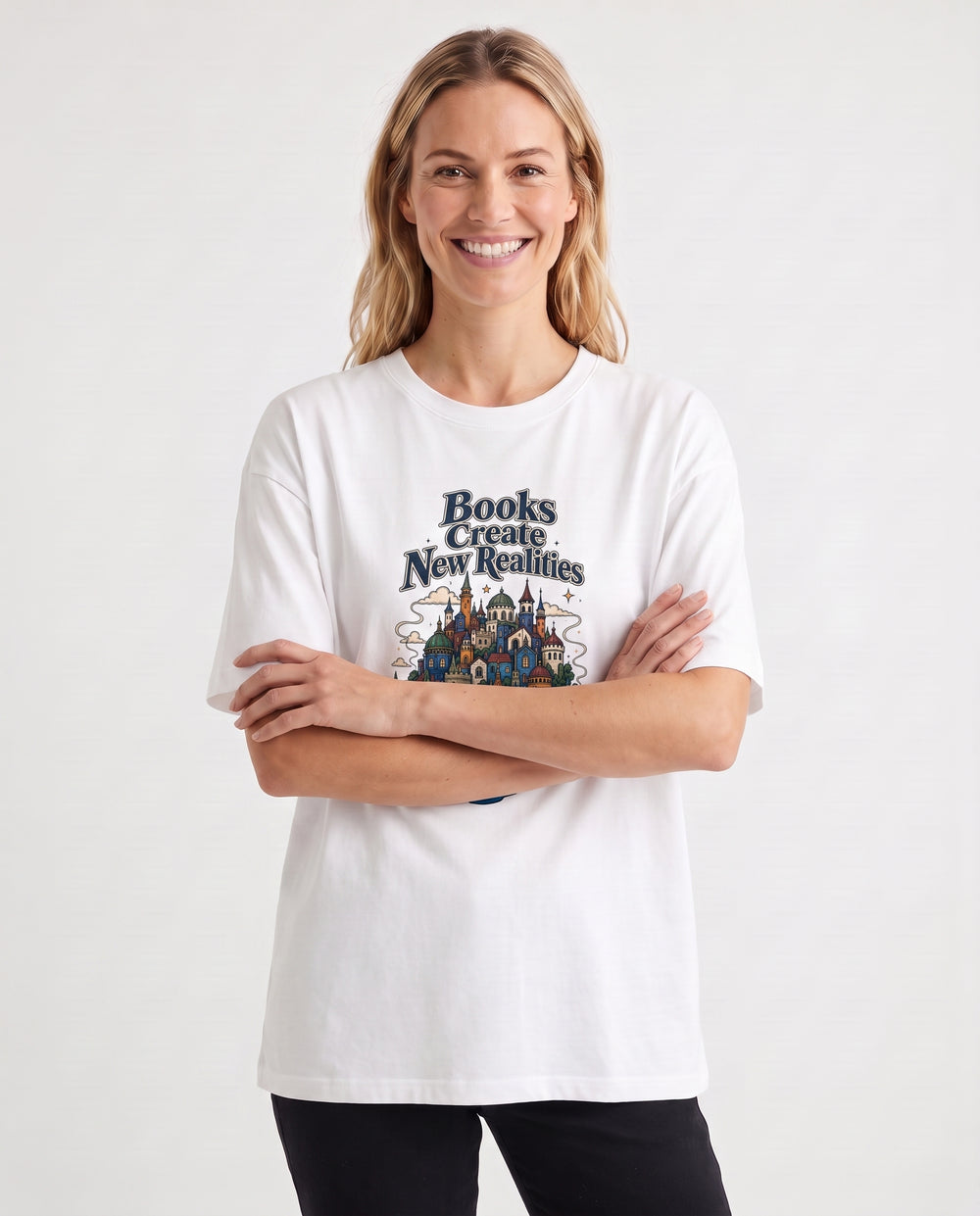 Books Create New Realities White T-Shirt mockup 3